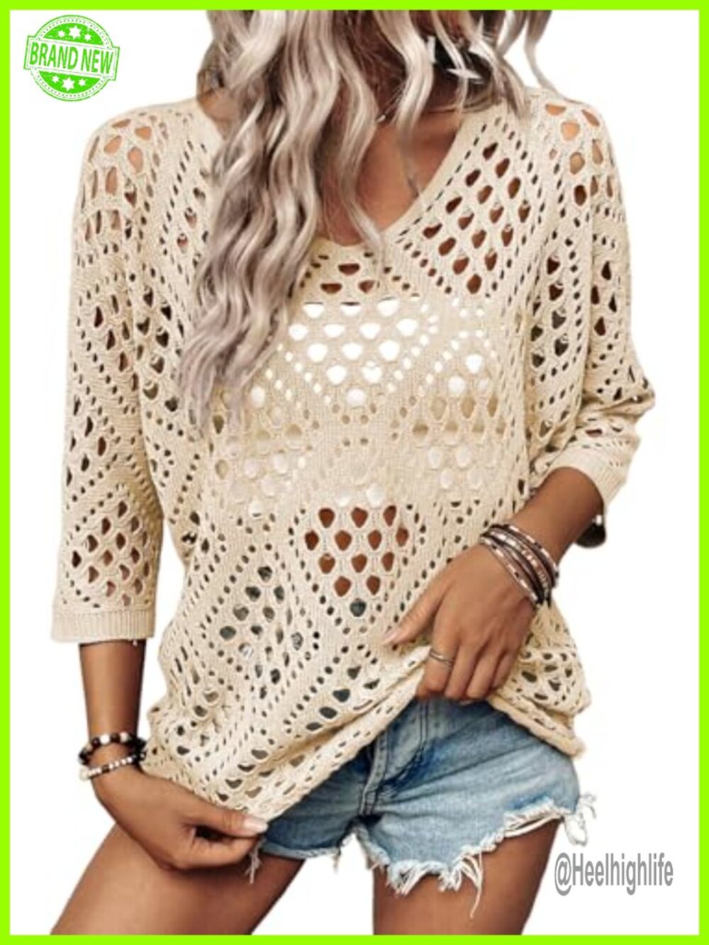 Women's Crochet Cover Up Sweater V Neck 3/4 Sleeve Hollow Out Mesh Knit Top